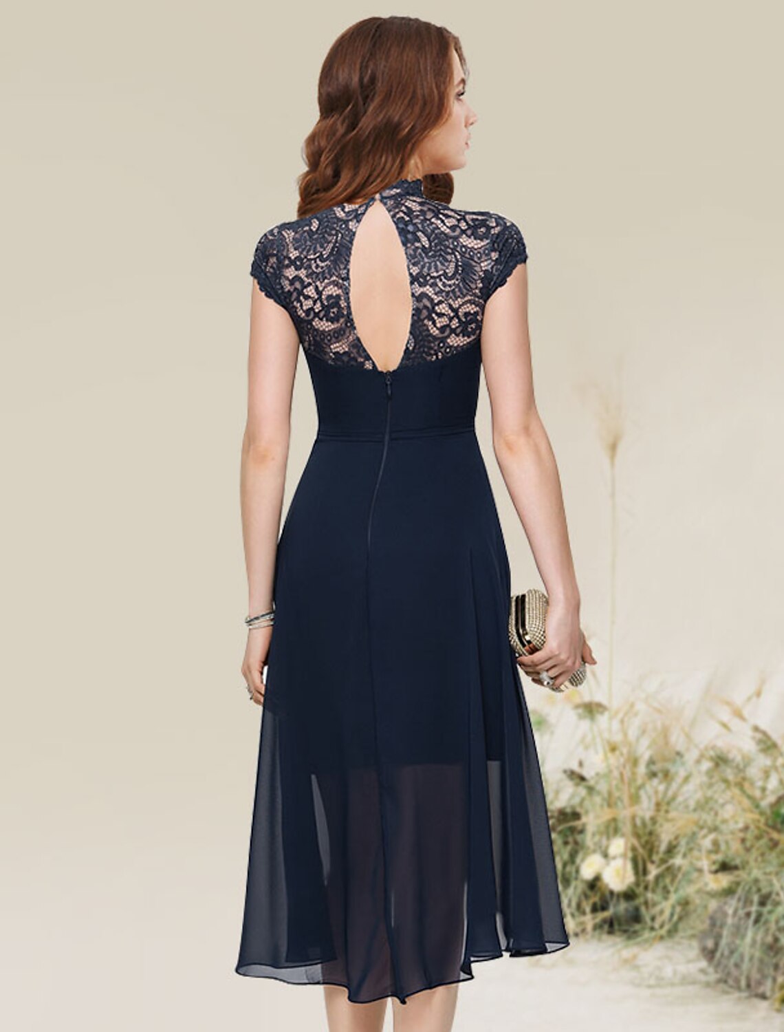 Abiti da cocktail a trapezio, abito civettuolo, abito da cerimonia per invitati a nozze, asimmetrico, senza maniche, scollo gioiello, in chiffon con inserto in pizzo